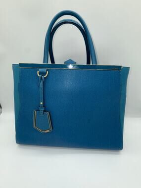 Fendi Medium 2Jours Leather Tote Bag Blue Gold Hardware Shoulder Strap